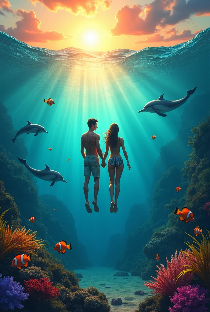 Sea with couple swimming among dolphins and tropical fish at sunset 