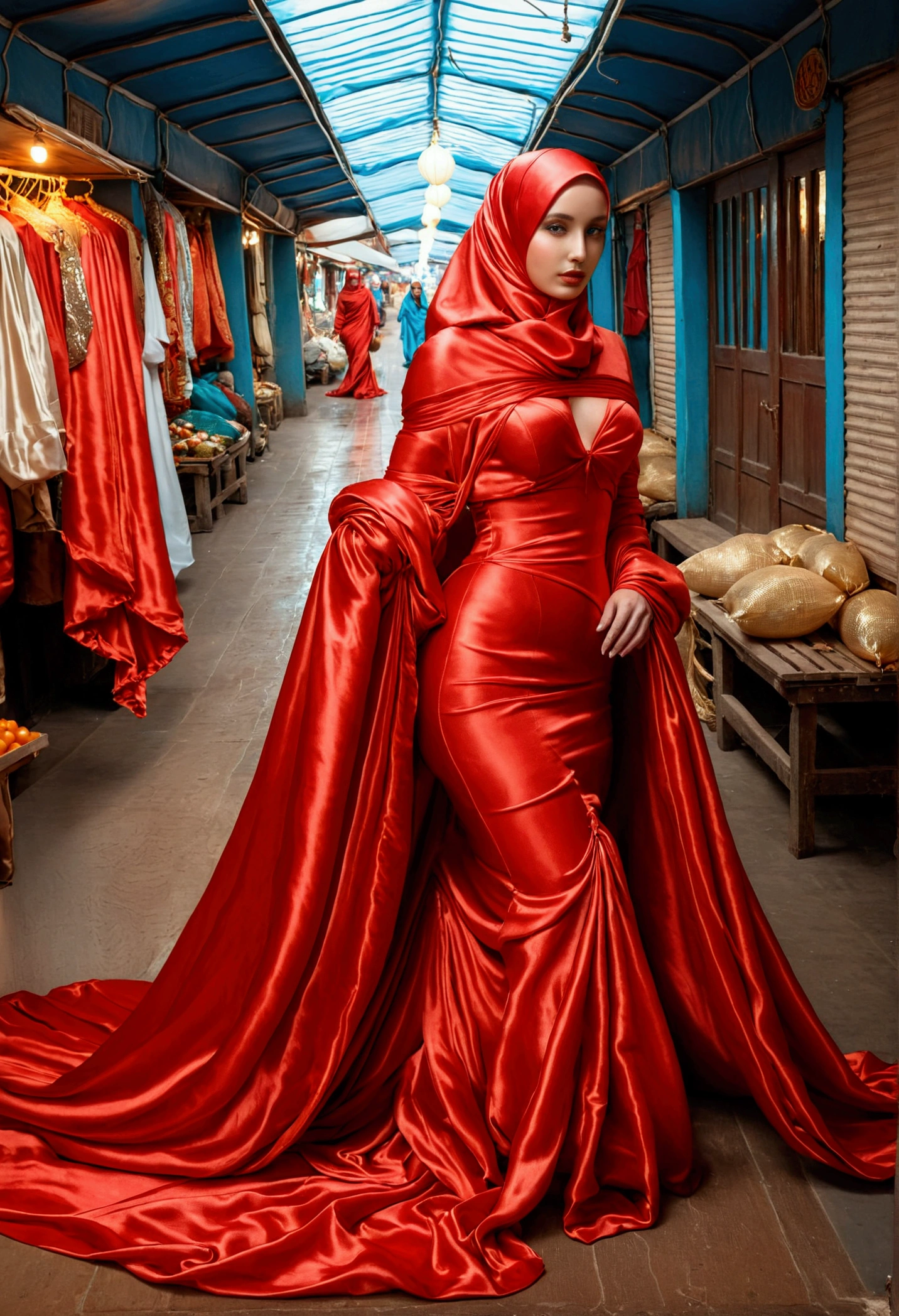 A woman shrouded in a 9-meter-long, plush red satin cloth, tightly bound and grandly draping along the form of her body, flowing off into a pooled floor-length train, styled in a mermaid-inspired outfit with ballon sleeve, her head modestly veiled in a satin hijab, tall woman, walk in wet traditional market, a full-body pose conveying a sense of elegance, captured in a 4k resolution, ultra-realistic