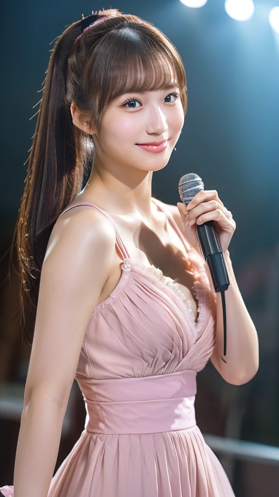 blush,Small breasts,Cleavage Emphasis,Long hair ponytail,on stage,Are standing,Holding a microphone,((8k, RAW Photos, Highest quality, The pieces fly:1.2), (reality, Realistic:1.4), (非常に詳細な8k壁紙), Written boundary depth, Cinema Lighting, Soft Light, Detailed beauty eyes,Shiny and smooth light brown ponytail, Asymmetrical bangs, Glowing Skin, Highly detailed skin ,High resolution, Attention to detail, Detailed hairstyle, Detailed beauty face, Hyper Real, Perfect limbs, Perfect Anatomy ,1 Japanese girl,Famous Japanese Idols, Perfect female body,A shy smile,Shake your head、short eyelashes,double eyelid,Look straight here、A long pink dress with lots of frills, A skirt with a soft shape, standing on stage, Show some skin, Pink ribbon on head,She is wearing a long skirt with lots of frills..Long slit、((Pompadour)) 、Short Bob Style