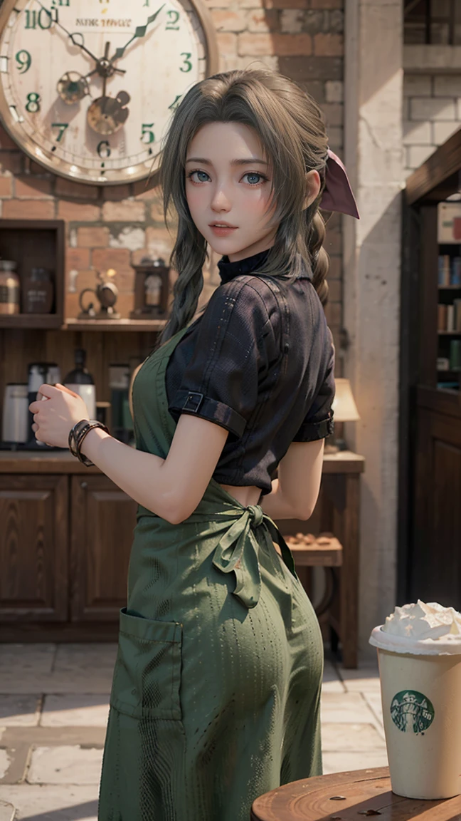 ultra-detailed、(8k、Highest quality、masterpiece:1.2)、(Realism、Realistic:1.37)、Ultra-high resolution、detailed face、(Highest quality)、(masterpiece)、solo,one girl,hight 163cm,(whole body:1.5),Aerith,green eyes,fair skin,smile,looking back,Starbucks、wearing (green apron:1.5),(((wearing black knit:1.5,turtleneck knit)))、skinny pants、Mole、Starbucks Employee、looking back、slender、three size: 88.57.85、location is starbucks cafe,((The interior of the cafe with soft light shining in)), (There are many antique tables and chairs), ((Clock, houseplants, stairs, hanging L lights, (cafe supplies:1.2), shelves with coffee beans)).((reflect))