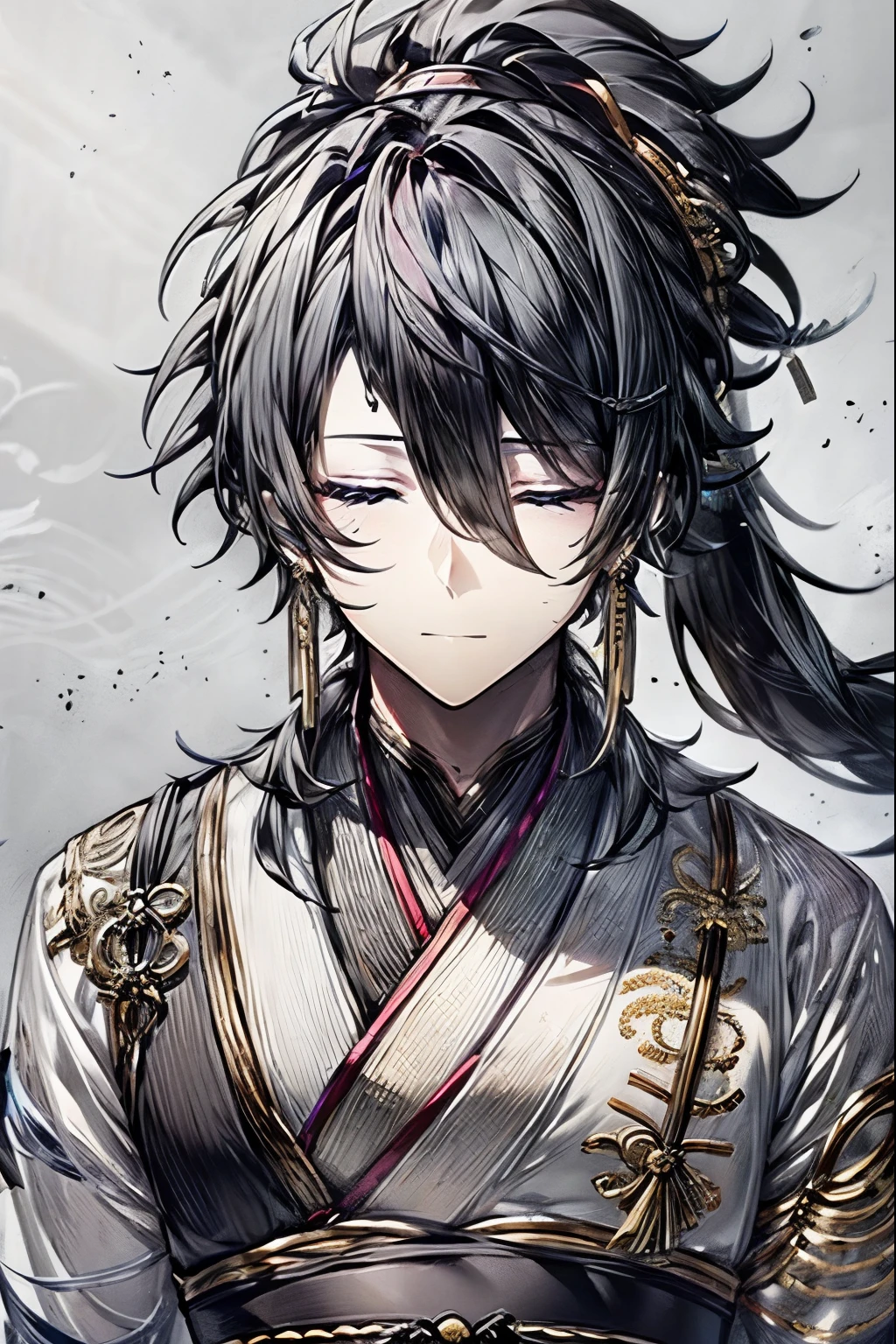 (masterpiece, best quality, perfect face, expressive eyes), 1boy, (male), intricate details, black hair, closed eyes, ponytail, hairpin, blue hanfu, (feather fan), adult, 