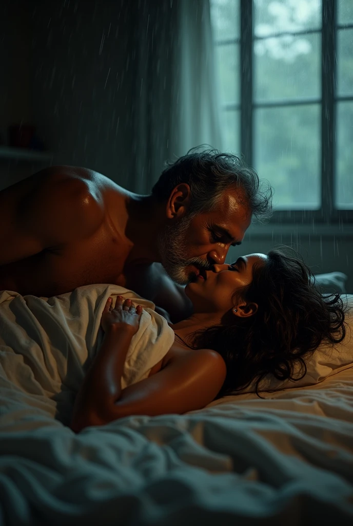 ((best quality)), ((masterpiece)), (detailed), Beautiful Indian Woman with fat belly and Breasts Exposed, Lying and kissing on bed with a Old Man, Dim lamp light in the room, rain pouring outside the window.