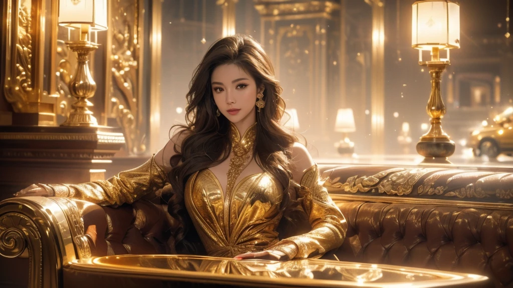 a sexy asian girl wearing a racing suit, smiles, surrounded by gold and money, (best quality,4k,8k,highres,masterpiece:1.2),ultra-detailed,(realistic,photorealistic,photo-realistic:1.37),intricate details, highly detailed face, deep penetrating eyes, perfect makeup, flawless skin, flowing hair, dynamic pose, racing car in the background, golden accents, stacks of gold bars and currency, luxurious setting, dramatic lighting, cinematic composition, poster