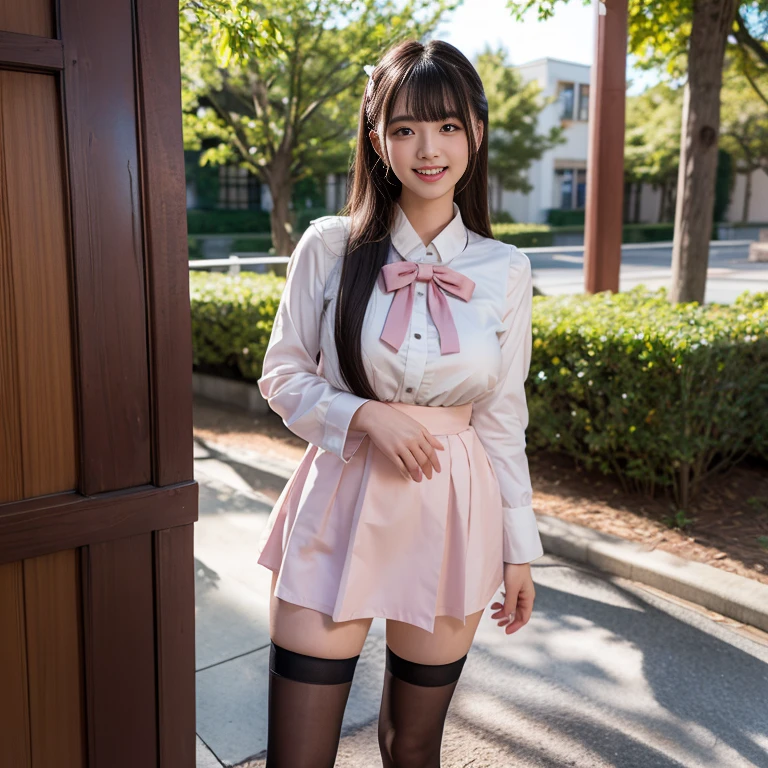 High resolution、High resolution、In 8K、RAWphotographgraphy、Highest quality、masterpiece、Tabletop、erotic、student、 good,White skin,knees,(Skin-colored pantyhose),Detailed Panty Pattern、Panty Focus、Pink Panties、Absurd,Small face、Big Breasts、前hairを真ん中から分ける、The forehead is visible,(Cold look<eyeを細めて,Glare,strong,Light anger)、masterpiece,Highest quality、超High resolution,RAWphotograph,only,Beautiful poop,One person, One personで,Dark look,Small breasts,whole body、very nice、JK ,high school girl,Japanese women,Are standing,(Realistic:1.37)、Photon Mapping,Light blue ribbon,Realistic、Cute Face,茶色のeye、Black socks、22 years old、(Red bow tie)、Radio City、物理ベースonlyダリング、prospect、Written boundary depth、Blurred Background、photograph,girl、body,Beautiful legs, Long legs, Thin legs,Long Bob Cut,(前hairが見える), hair, lips, green_eye, Nose Soft,(Light blue shirt), (Navy Pleated Skirt), kneesが見える,See-through clothing,, thigh, black cotton socks,Nogizaka Idol, , Japanese Ido、キラキラしたeye、Glossy lips、