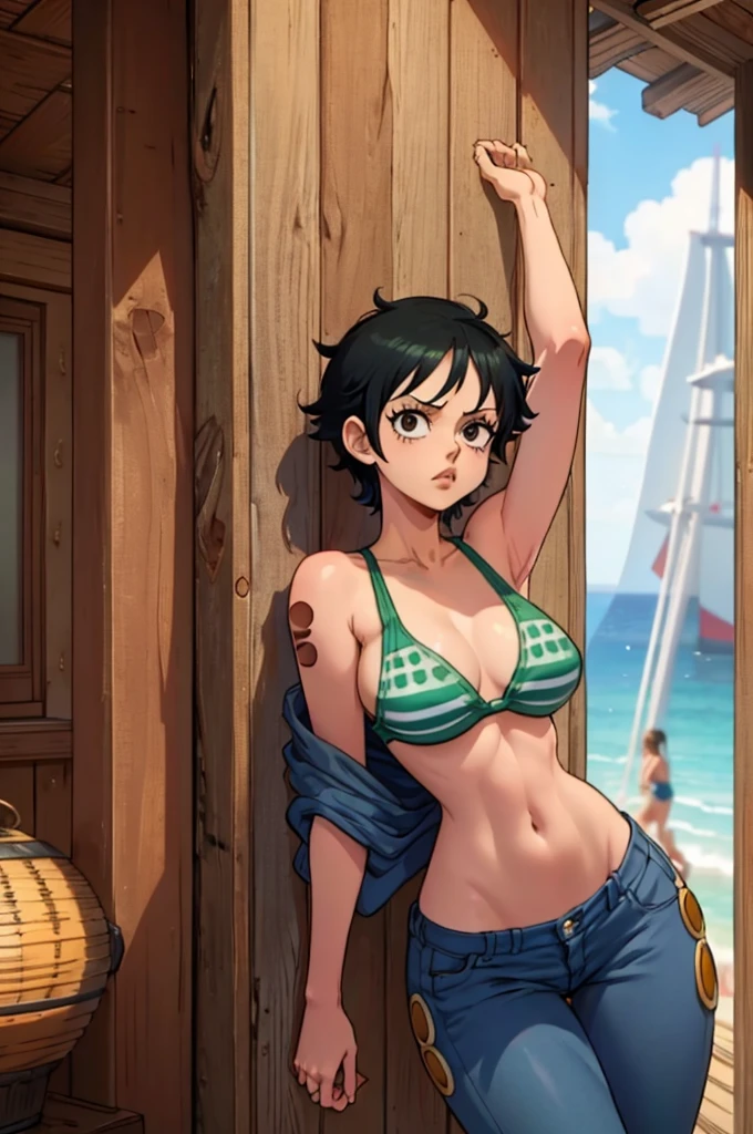 Monkey D. Luffy female, sexy and cute girl with short black hair, Nami (Post Time Skip) Outfit, green swimsuit with white stripe, blue jeans