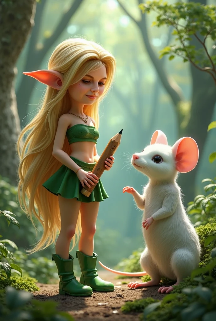 Super realistic illustration, Detailed Fantasy art, Cinema 4D rendering, 1 cute lady, full body, A fairy-sized elven lady is conversing with a very big white mouse about the same hight as her. She is holding a large pencil towards the mouse. Long blonde hair, blue eyes. She has a little smile. drooping down Pointed Ears, half-closed eyes and a cute face, green tube top and mini skirt, green short boots, oversized forest background.