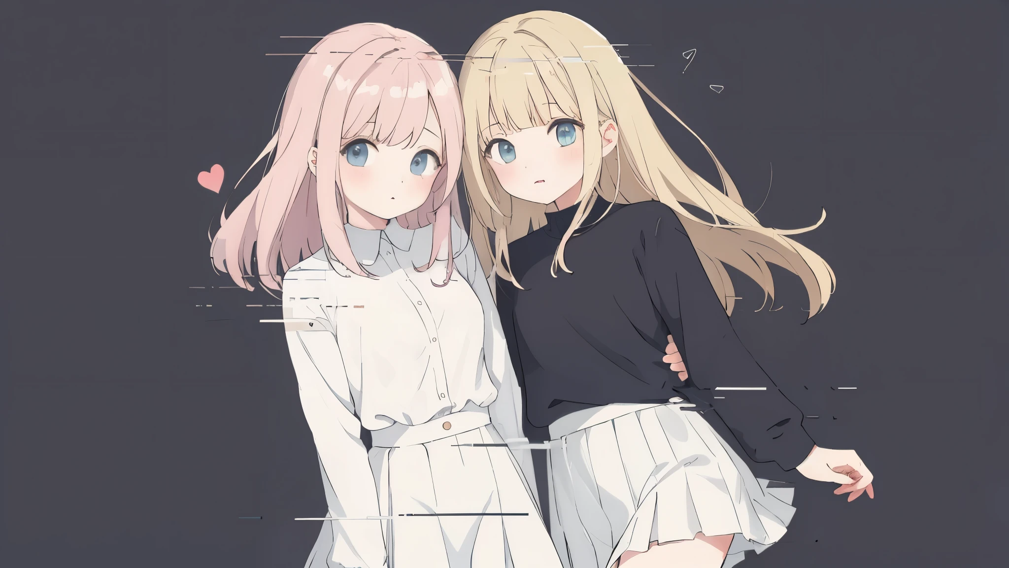 (Highest quality, masterpiece, High resolution),Two Girls,Long sleeve,Pleats_skirt,arm_behind_head,heart,Simple Background,
Display issues,