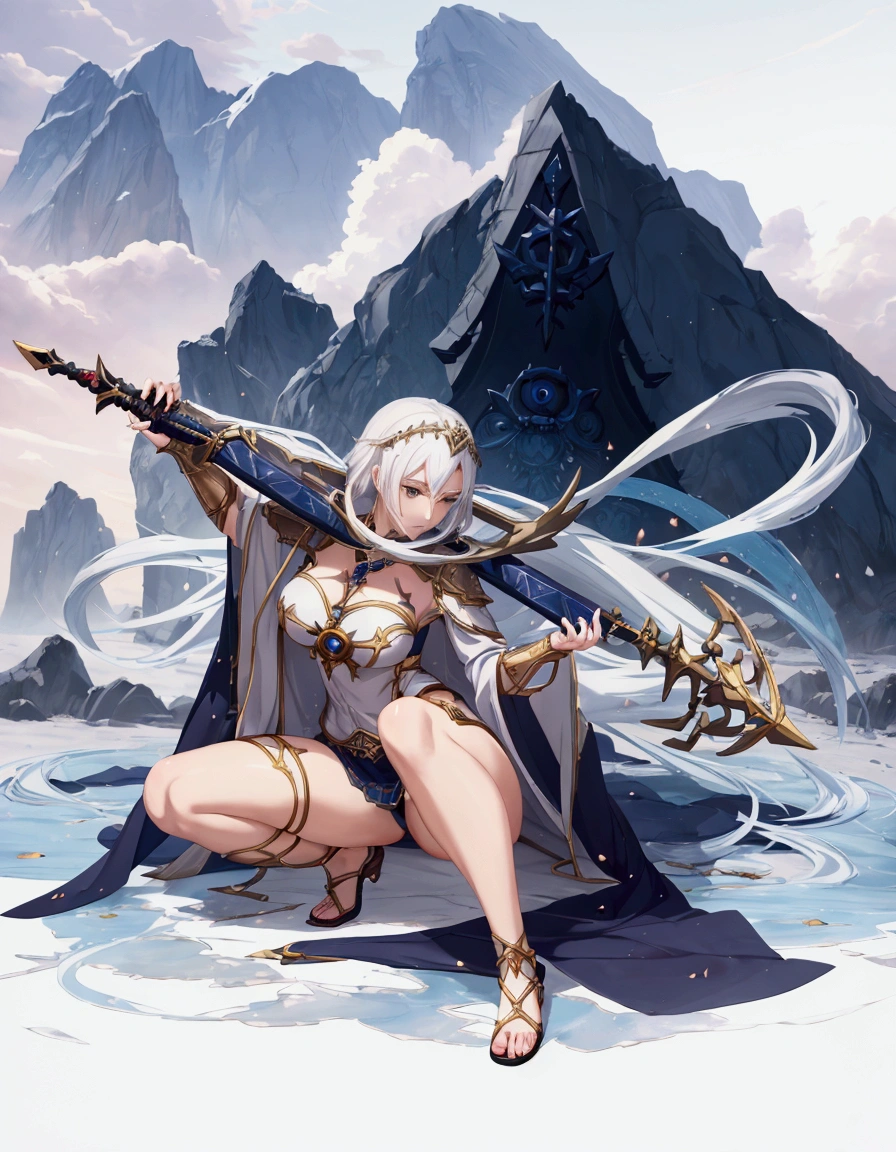 Close up of a woman holding a sword, Cushart Krenz Womenswear Key Art, White-haired deity, The Goddess of Sorrow, detailed key anime art, Official artwork with high detail, Anime Goddess, Art Book Art, Zodiac Knight Girl, Trending on ArtStation Pixiv, Complete Art, mystical atlantean valkyrie