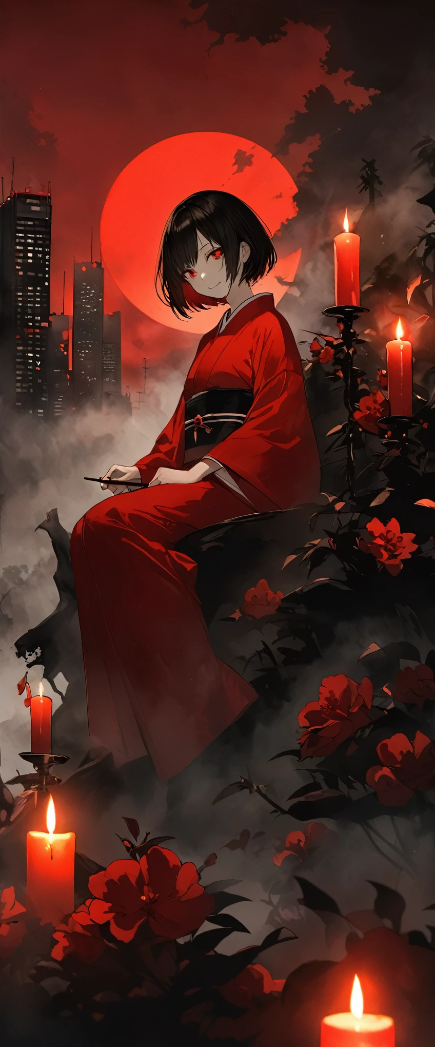 Red silk kimono。Beautiful in the fog,Sitting in the fog。Black belt。smile。Black short hair。amount,big, Beautiful red eyes。Dead skin。alone。darkness。Spooky atmosphere。Japan。night。full moon。Red Sky。Red flower,Chiaroscuro,Skyscraper。Have a Candlesstick。Candles。