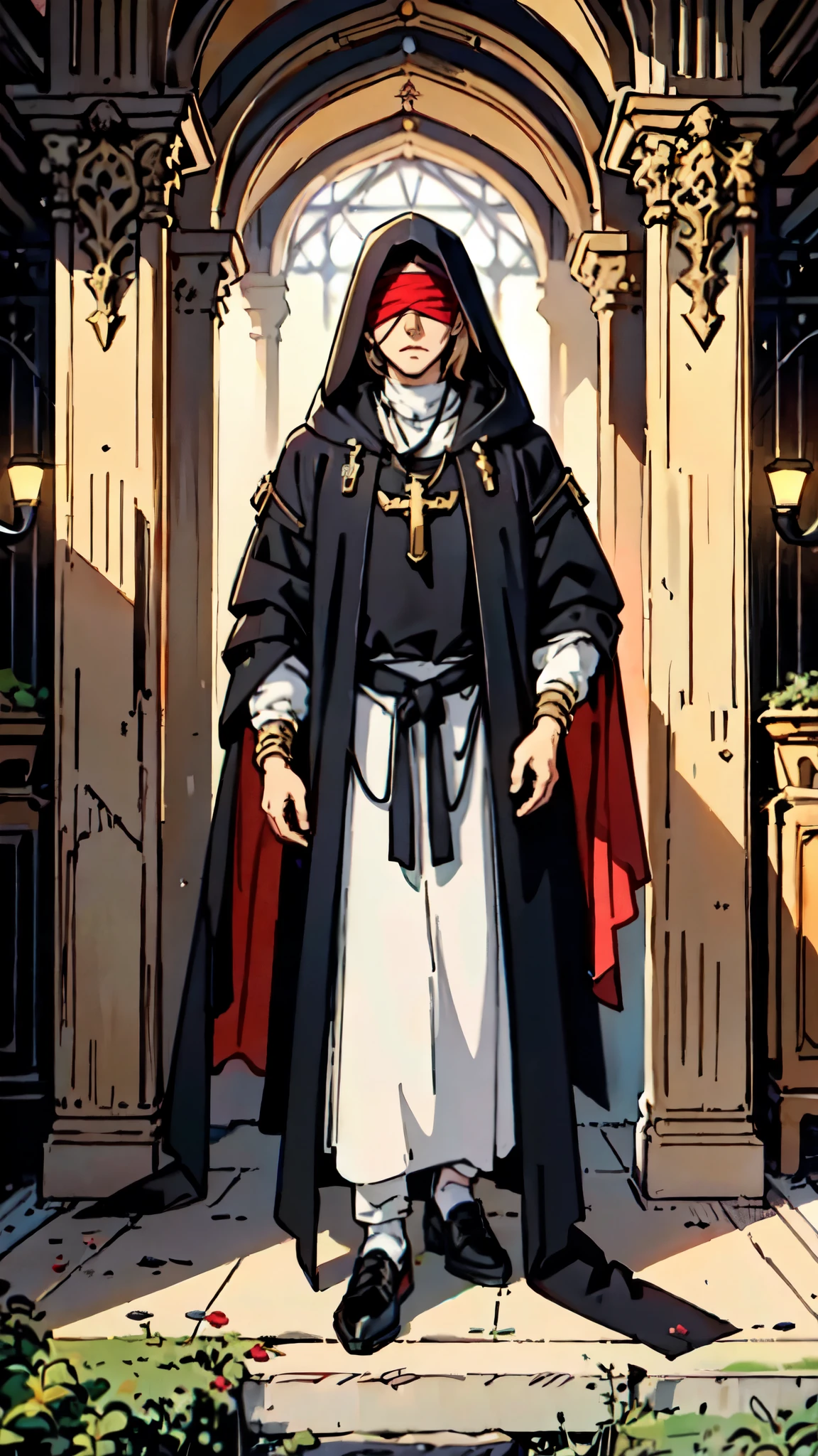 (masterpiece:1.2, best quality:1.2, extremely delicate:1.2), ((male:1.5)), a grown man with spiky brown hair, side-parted bangs, (Red blindfold:1.5), a resigned expression, a fantasy-realism style black hooded coat, a tattered gray robe underneath, cloth shoes, he stands within a Medieval Futurism-style temple, this character embodies a finely crafted Medieval Futurism-style priest in anime style, exquisite and mature manga art style, dramatic, high definition, highres, ultra-detailed, ultra-fine painting, professional, perfect body proportions, golden ratio, anatomically correct, symmetrical face, extremely detailed eyes and face, high quality eyes, creativity, RAW photo, UHD, 32k, Natural light, cinematic lighting, (masterpiece-anatomy-perfect:1.2)
