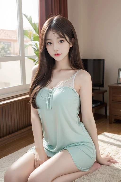 8K, Ultra-high resolution, best quality, masterpiece, Surrealism, photo, 1 girl,pretty girl, Cute face, living room,Soft Light,Chinese Beauty,Tight Fit,Nightdress,whole body