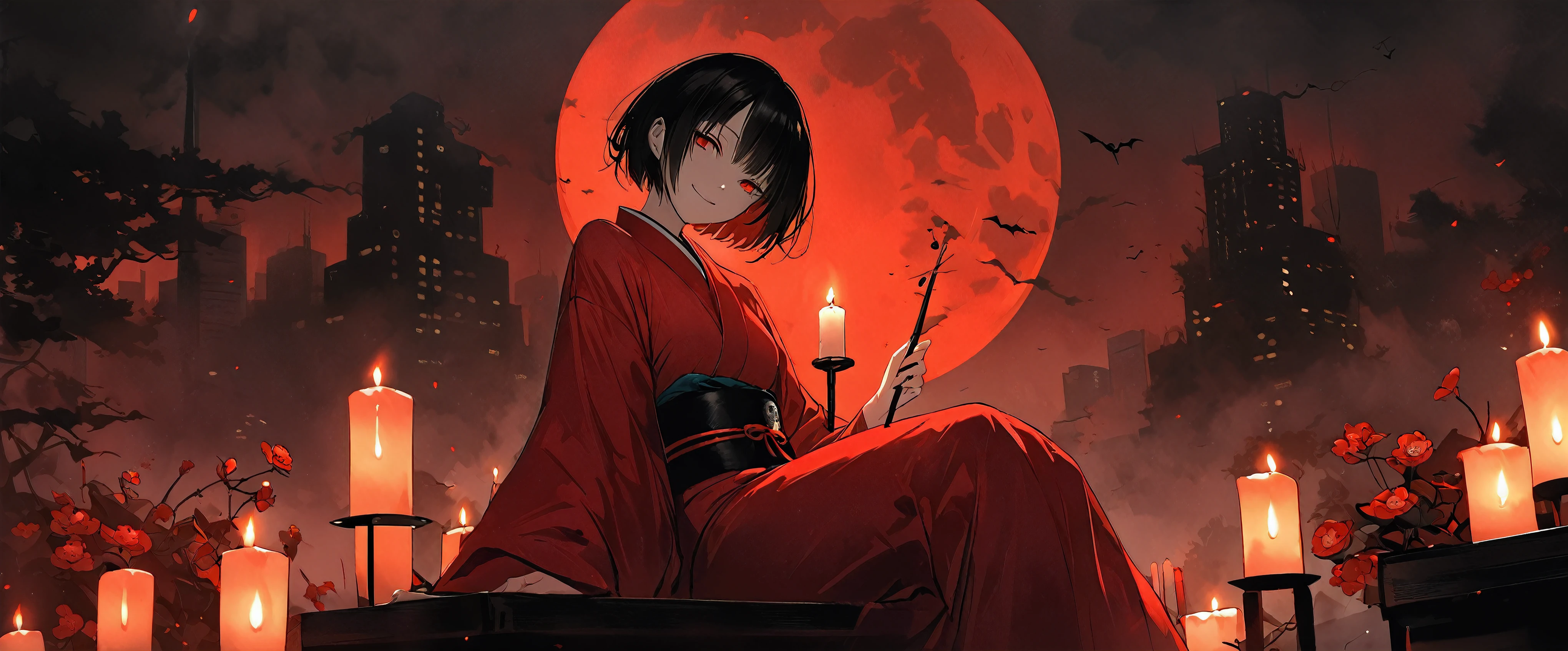 Red silk kimono。Beautiful in the fog,Sitting in the fog。Black belt。smile。Black short hair。amount,big, Beautiful red eyes。Dead skin。alone。darkness。Spooky atmosphere。Japan。night。full moon。Red Sky。Red flower,Chiaroscuro,Skyscraper。Have a Candlesstick。Candles。