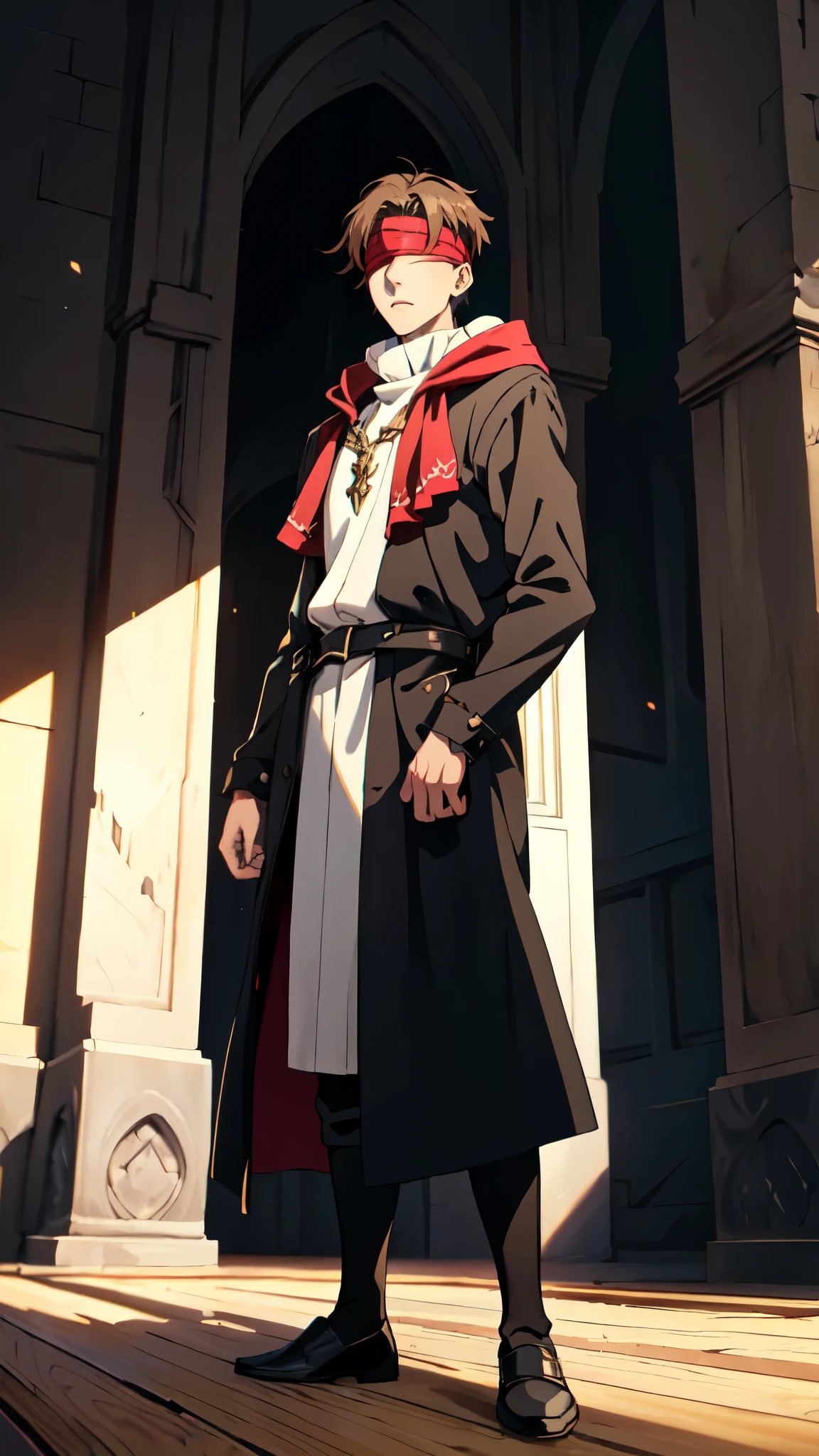 (masterpiece:1.2, best quality:1.2, extremely delicate:1.2), ((male:1.5)), a grown man with spiky brown hair, side-parted bangs, (Red blindfold:1.5), a resigned expression, a fantasy-realism style black hooded coat, a tattered gray robe underneath, cloth shoes, he stands within a Medieval Futurism-style temple, this character embodies a finely crafted Medieval Futurism-style priest in anime style, exquisite and mature manga art style, dramatic, high definition, highres, ultra-detailed, ultra-fine painting, professional, perfect body proportions, golden ratio, anatomically correct, symmetrical face, extremely detailed eyes and face, high quality eyes, creativity, RAW photo, UHD, 32k, Natural light, cinematic lighting, (masterpiece-anatomy-perfect:1.2)