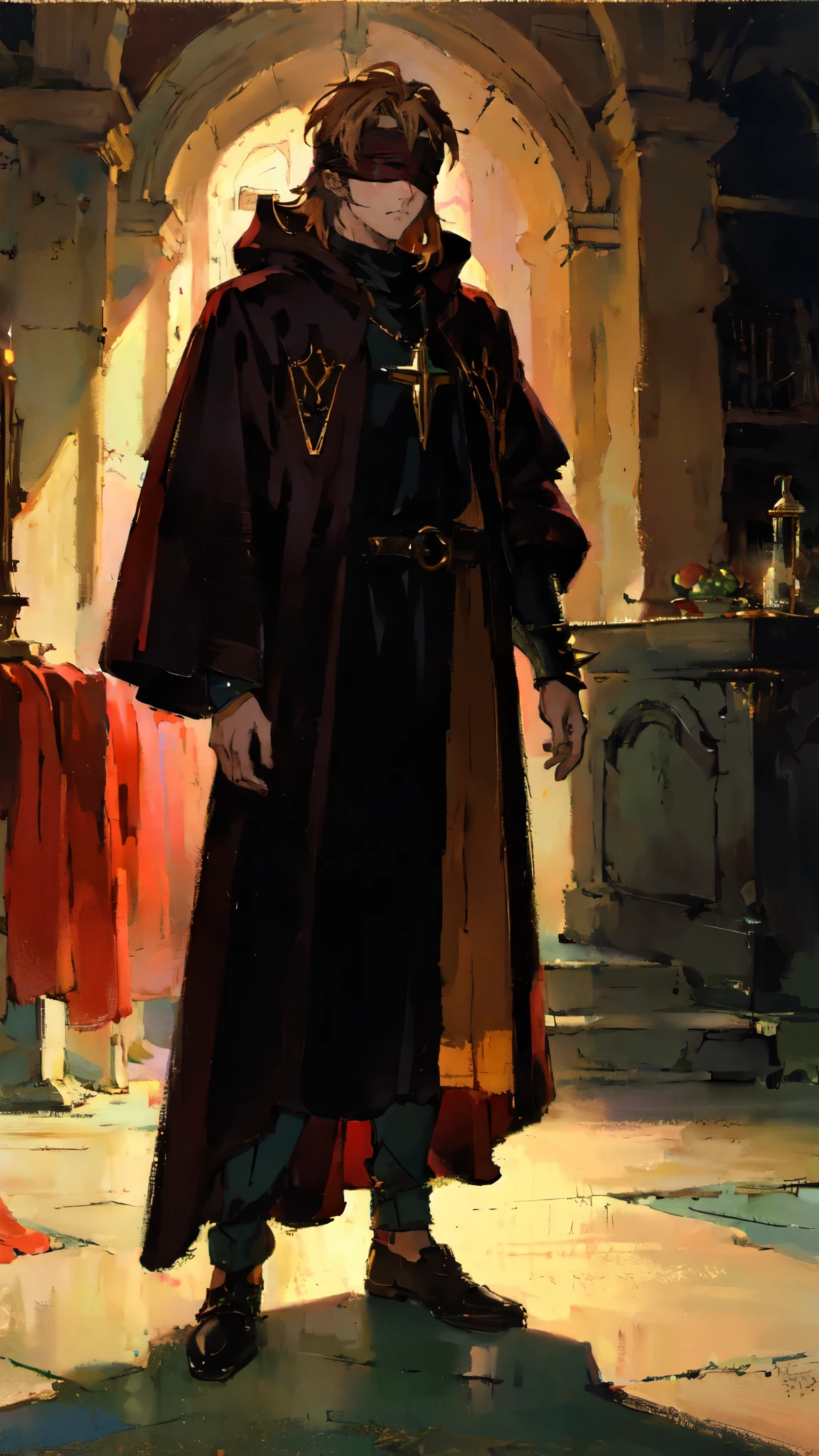 (masterpiece:1.2, best quality:1.2, extremely delicate:1.2), ((male:1.5)), a grown man with spiky brown hair, side-parted bangs, (Red blindfold:1.5), a resigned expression, a fantasy-realism style black hooded coat, a tattered gray robe underneath, cloth shoes, he stands within a Medieval Futurism-style temple, this character embodies a finely crafted Medieval Futurism-style priest in anime style, exquisite and mature manga art style, dramatic, high definition, highres, ultra-detailed, ultra-fine painting, professional, perfect body proportions, golden ratio, anatomically correct, symmetrical face, extremely detailed eyes and face, high quality eyes, creativity, RAW photo, UHD, 32k, Natural light, cinematic lighting, (masterpiece-anatomy-perfect:1.2)
