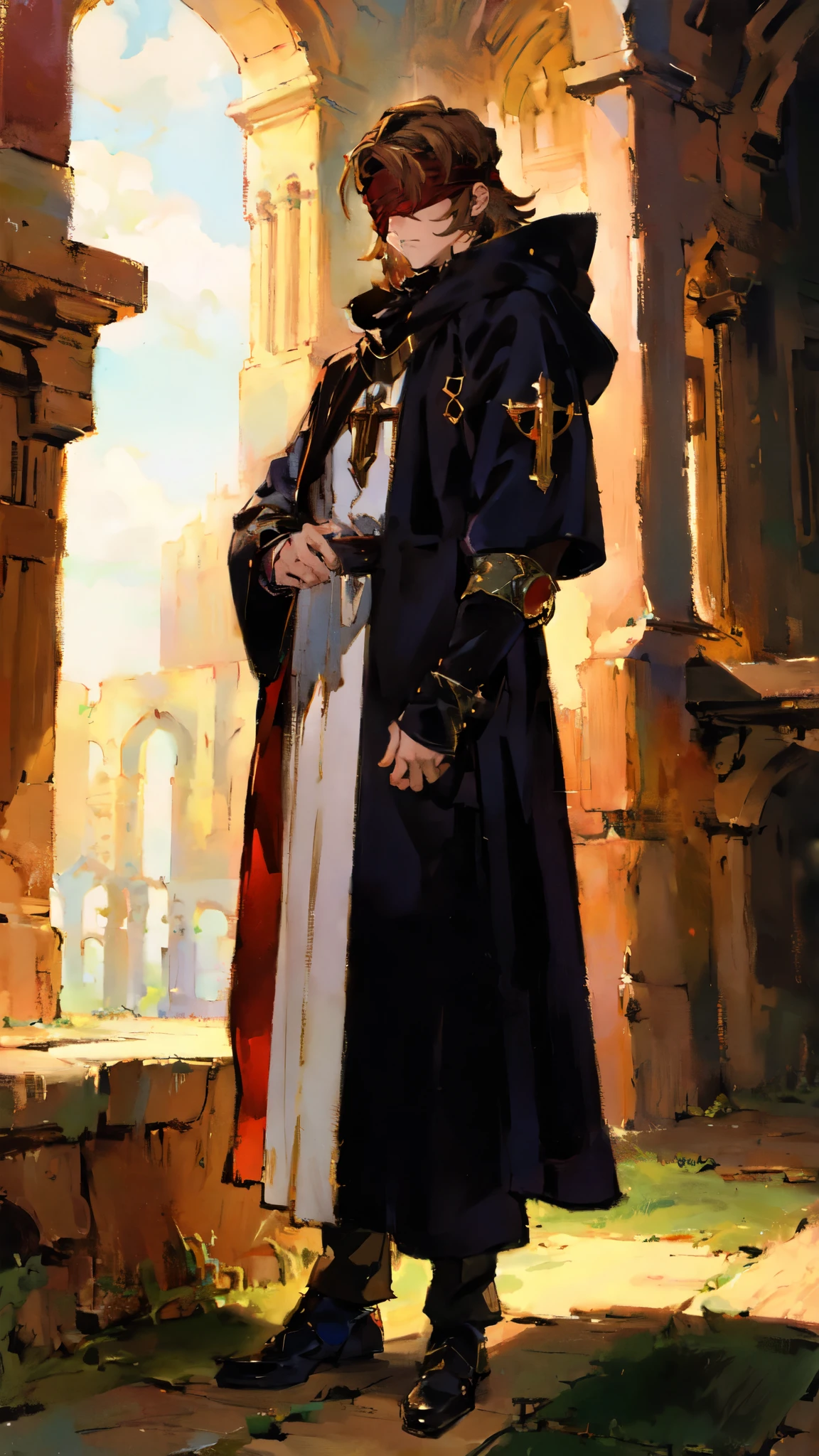 (masterpiece:1.2, best quality:1.2, extremely delicate:1.2), ((male:1.5)), a grown man with spiky brown hair, side-parted bangs, (Red blindfold:1.5), a resigned expression, a fantasy-realism style black hooded coat, a tattered gray robe underneath, cloth shoes, he stands within a Medieval Futurism-style temple, this character embodies a finely crafted Medieval Futurism-style priest in anime style, exquisite and mature manga art style, dramatic, high definition, highres, ultra-detailed, ultra-fine painting, professional, perfect body proportions, golden ratio, anatomically correct, symmetrical face, extremely detailed eyes and face, high quality eyes, creativity, RAW photo, UHD, 32k, Natural light, cinematic lighting, (masterpiece-anatomy-perfect:1.2)