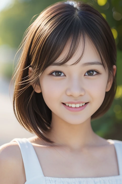 (8k), (masterpiece), (High resolution), (Realistic:1.4), Japanese, (((1 girl:1.5))), very young, Facing forward, (smile:1.3), (cute:1.5), Innocent, (innocent:1.2), Double eyelids:1.4, Beautiful eye and skin details:1.5, (Realistic skin texture:1.5), Beautiful Nose, Small Nose:1.4, White dress:1.5, She&#39;s not wearing anything under her dress:1.5, (The clothes are slightly transparent:1.5), (Glossy décolleté:1.2), Child body type:1.5, Black Hair:1.4, Midsummer Day, Baby Face:1.5, (flat chest:1.4), (((cowboy shot:1.5))), forest, Plucking up the hem of the skirt:1.3