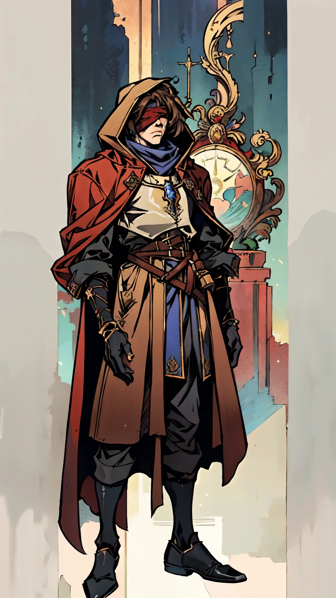(masterpiece:1.2, best quality:1.2, extremely delicate:1.2), ((male:1.5)), a grown man with spiky brown hair, side-parted bangs, (Red blindfold:1.5), a resigned expression, a fantasy-realism style black hooded coat, a tattered gray robe underneath, cloth shoes, he stands within a Medieval Futurism-style temple, this character embodies a finely crafted Medieval Futurism-style priest in anime style, exquisite and mature manga art style, dramatic, high definition, highres, ultra-detailed, ultra-fine painting, professional, perfect body proportions, golden ratio, anatomically correct, symmetrical face, extremely detailed eyes and face, high quality eyes, creativity, RAW photo, UHD, 32k, Natural light, cinematic lighting, (masterpiece-anatomy-perfect:1.2)