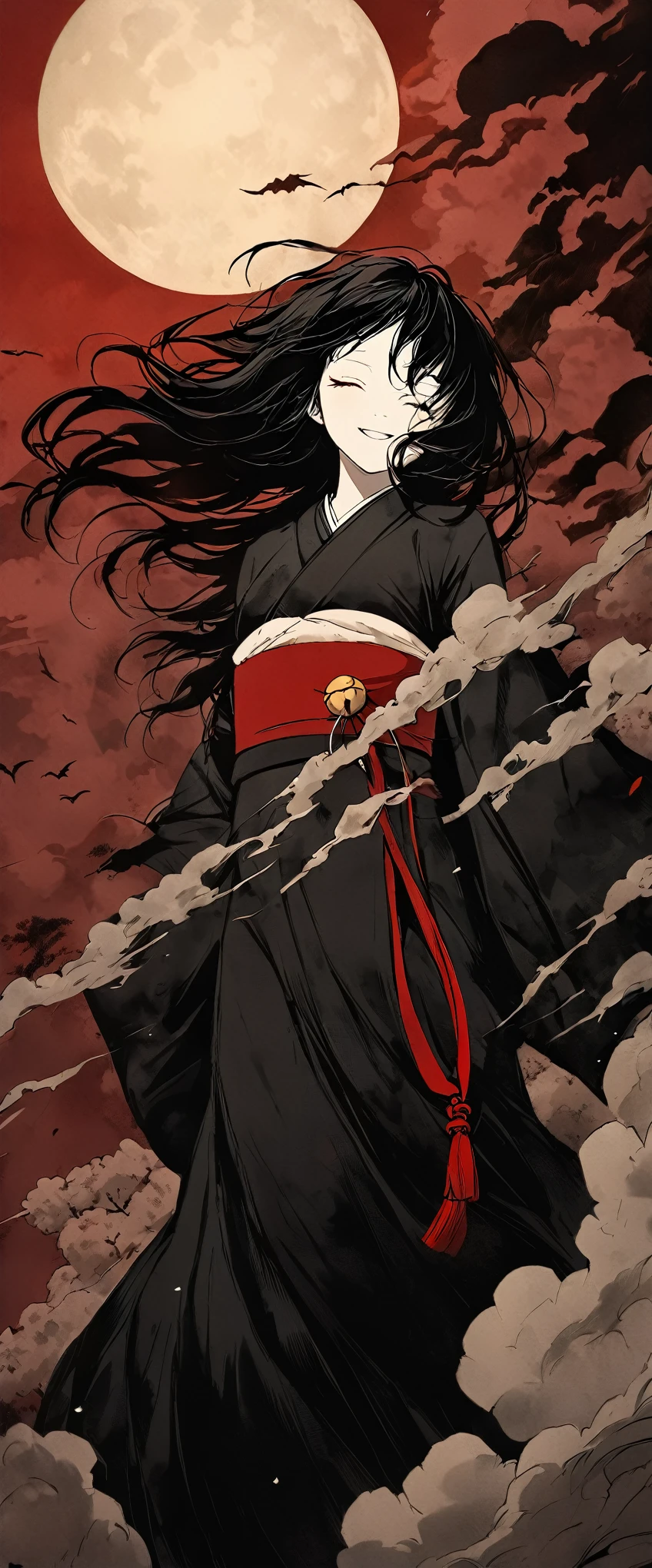 close your eyes。Long black hair blowing in the wind.。amount。spooky。smile。Pure white skin。alone。Half of my body is covered in mist。A woman is floating。The sound of bells。darkness。fear。spookyな雰囲気。Japan。Tattered black kimono。night。Red Belt。Black silk kimono。。cherry blossoms。full moon。Red Sky。cherry blossomsの花。Horror,Chiaroscuro,Angle from below。