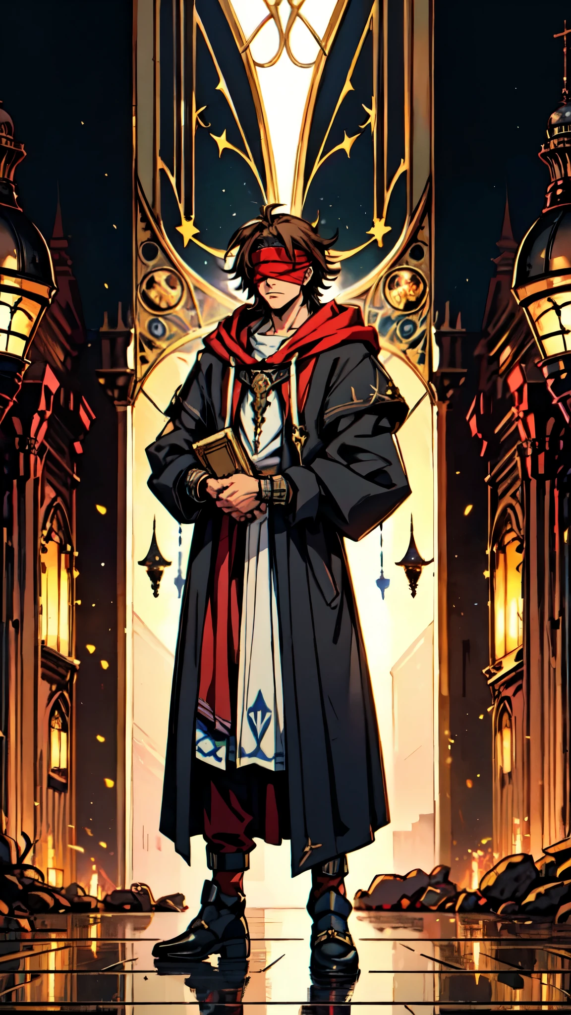 (masterpiece:1.2, best quality:1.2, extremely delicate:1.2), ((male:1.5)), a grown man with spiky brown hair, side-parted bangs, (Red blindfold:1.5), a resigned expression, a fantasy-realism style black hooded coat, a tattered gray robe underneath, cloth shoes, he stands within a Medieval Futurism-style temple, this character embodies a finely crafted Medieval Futurism-style priest in anime style, exquisite and mature manga art style, dramatic, high definition, highres, ultra-detailed, ultra-fine painting, professional, perfect body proportions, golden ratio, anatomically correct, symmetrical face, extremely detailed eyes and face, high quality eyes, creativity, RAW photo, UHD, 32k, Natural light, cinematic lighting, (masterpiece-anatomy-perfect:1.2)