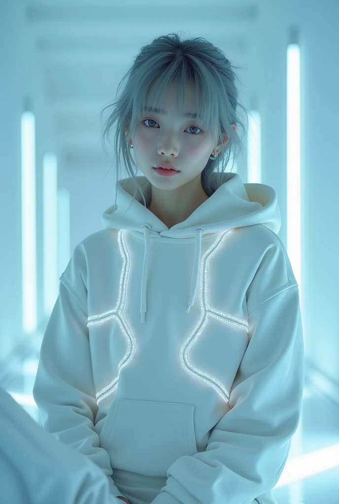 highly detailed, beautiful, hyper Realistic girl, masterpiece, best quality, Depict a mysterious and sophisticated beautiful Japanese gravure model,, 28-years-old, identity hidden, all body shot, / gray arranged hair, small head, Detailed face, Duck mouth, perfect beautiful Tooth, arranged gray hair, shiny eyes, Detailed blue-colored eyes, Realistic skin, Detailed face, /// Her outfit includes sexy and casual see-through white sports Sweatshirt with hood with multiple elastic white led harnesses designed underneath, and led hem, adding a minimalist beauty. She accessorizes with futuristic accessories and wears technical sneakers. Her demeanor exudes harmony and striking simplicity., //// Monotone simple modern taste single room, mirror, complicated background /// takes a selfie in her room using a smartphone in front of a mirror with one hand, all body shot, standing and emotional Posing, looking away from the camera,