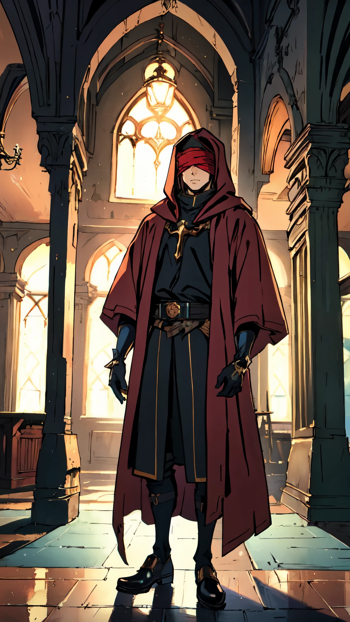 (masterpiece:1.2, best quality:1.2, extremely delicate:1.2), ((male:1.5)), a grown man with spiky brown hair, side-parted bangs, (Red blindfold:1.5), a resigned expression, a fantasy-realism style black hooded coat, a tattered gray robe underneath, cloth shoes, he stands within a Medieval Futurism-style temple, this character embodies a finely crafted Medieval Futurism-style priest in anime style, exquisite and mature manga art style, dramatic, high definition, highres, ultra-detailed, ultra-fine painting, professional, perfect body proportions, golden ratio, anatomically correct, symmetrical face, extremely detailed eyes and face, high quality eyes, creativity, RAW photo, UHD, 32k, Natural light, cinematic lighting, (masterpiece-anatomy-perfect:1.2)