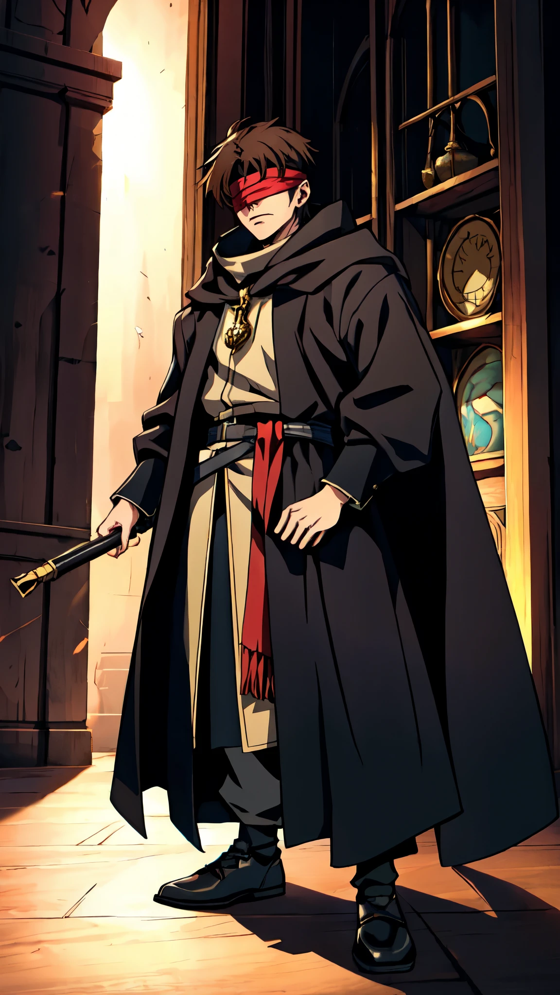 (masterpiece:1.2, best quality:1.2, extremely delicate:1.2), ((male:1.5)), a grown man with spiky brown hair, side-parted bangs, (Red blindfold:1.5), a resigned expression, a fantasy-realism style black hooded coat, a tattered gray robe underneath, cloth shoes, he stands within a Medieval Futurism-style temple, this character embodies a finely crafted Medieval Futurism-style priest in anime style, exquisite and mature manga art style, dramatic, high definition, highres, ultra-detailed, ultra-fine painting, professional, perfect body proportions, golden ratio, anatomically correct, symmetrical face, extremely detailed eyes and face, high quality eyes, creativity, RAW photo, UHD, 32k, Natural light, cinematic lighting, (masterpiece-anatomy-perfect:1.2)