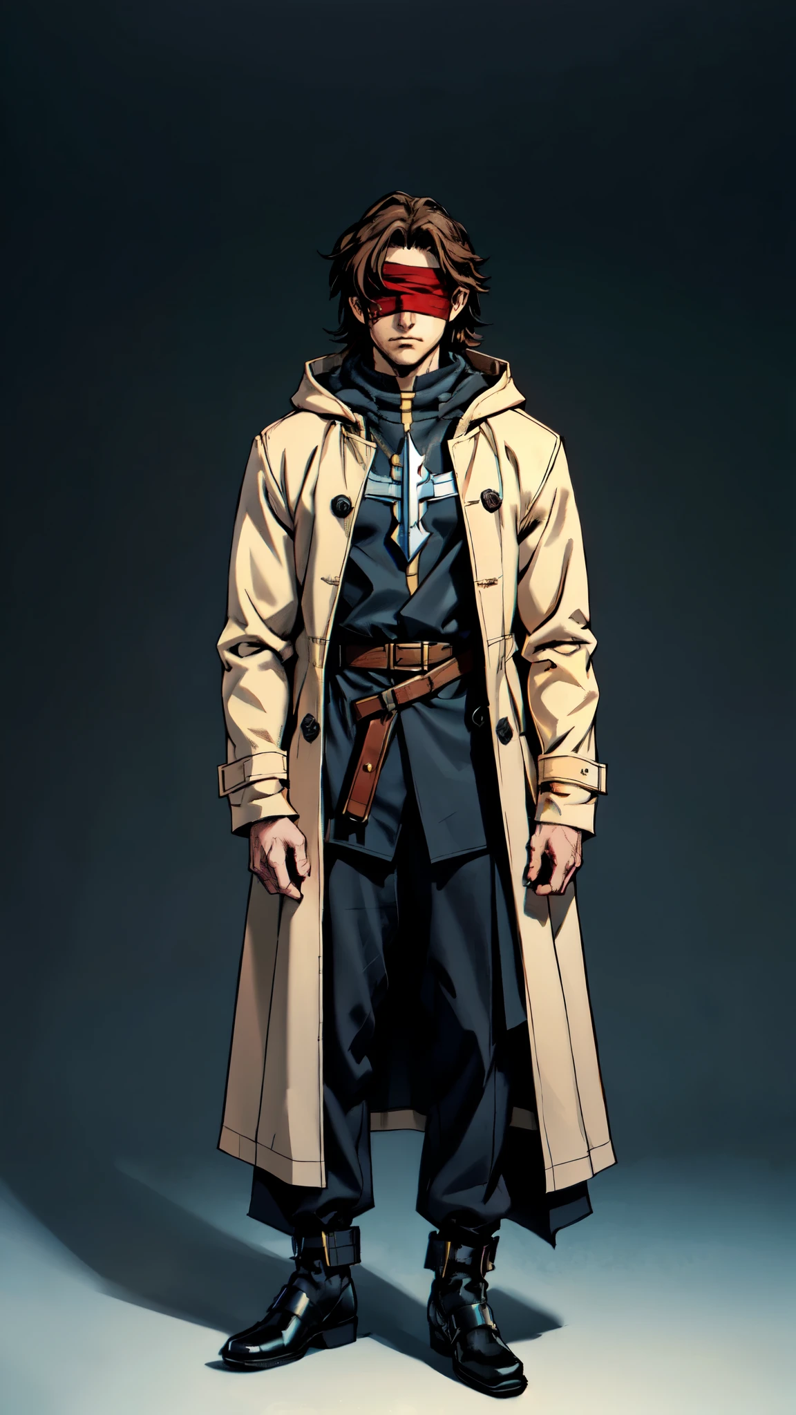 (masterpiece:1.2, best quality:1.2, extremely delicate:1.2), ((male:1.5)), a grown man with spiky brown hair, side-parted bangs, (Red blindfold:1.5), a resigned expression, a fantasy-realism style black hooded coat, a tattered gray robe underneath, cloth shoes, he stands within a Medieval Futurism-style temple, this character embodies a finely crafted Medieval Futurism-style priest in anime style, exquisite and mature manga art style, dramatic, high definition, highres, ultra-detailed, ultra-fine painting, professional, perfect body proportions, golden ratio, anatomically correct, symmetrical face, extremely detailed eyes and face, high quality eyes, creativity, RAW photo, UHD, 32k, Natural light, cinematic lighting, (masterpiece-anatomy-perfect:1.2)