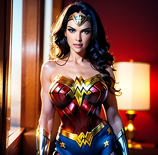 Wonder Woman costume, big breasts, beautiful woman, tall, beautiful blonde, long bangs