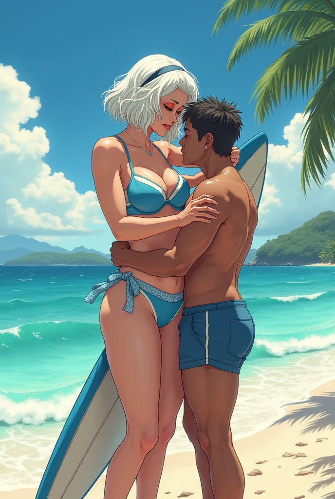 Hot sexy beautiful girl having sex in down stroke with white hair ugly old man ,slender body, detailed lips rings,black eyes, glasses on head, detailed , big hoops earrings , alluring face, smiling, necklace , red lipstick , garter belt, Nipple ring piercings,light blue hair,small breasts