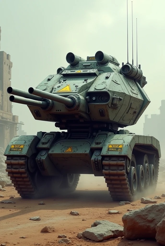 A futuristic special forces tank, preto e cinza com pequenas luzes vermelhas e amarelas, em uma velha estrada, no campo, escurecendo o dia, com fina garoa, tudo em efeito de pixels.