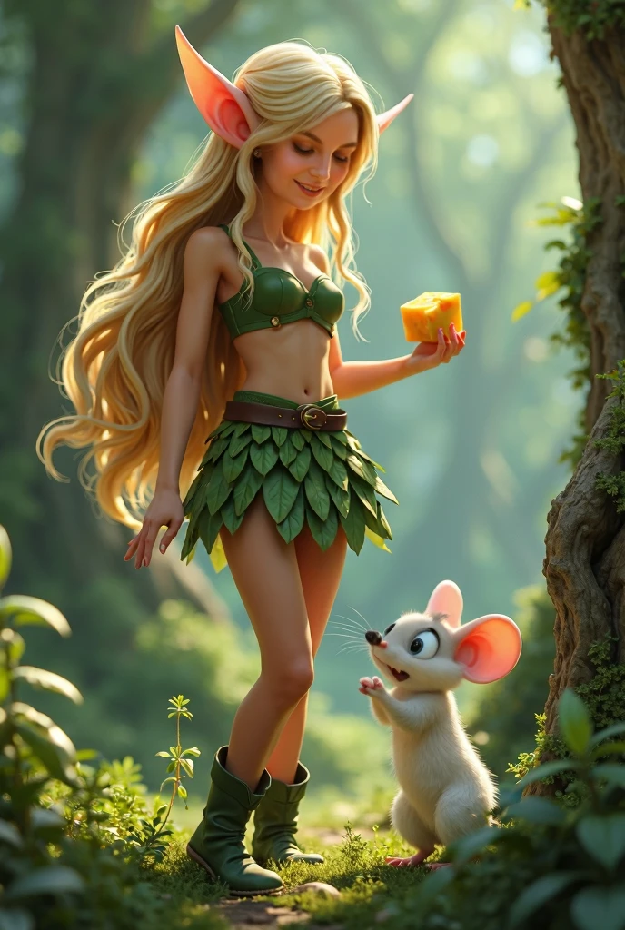 Super realistic illustration, Detailed Fantasy art, Cinema 4D rendering, 1 cute lady, full body, A fairy-sized elven lady is conversing with a very big white mouse about the same hight as her. She is holding a large pencil towards the mouse. Long blonde hair, blue eyes. She has a little smile. drooping down Pointed Ears, half-closed eyes and a cute face, green tube top and mini skirt, green short boots, oversized forest background.