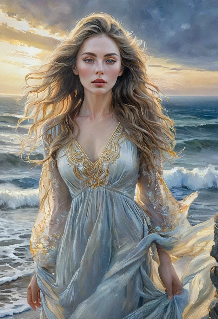 32k highers best quality, ((masterpiece)), ((best quality)), ((detailed)), ((captivating)), (stunning), (incredible), Heavy Metal Red Haired Woman green hazel eyes hugging her long brown soft weavy brown castany haired brown eyes Heavy Metal Guitarist, Archipelago, Island Chain, Archipelagic, Oil Painting, Canvas Painting, Oil On Canvas, Focal Light, Accent Lighting, Accented Glow, Reduced Reflections, Blue Sky Enhancement