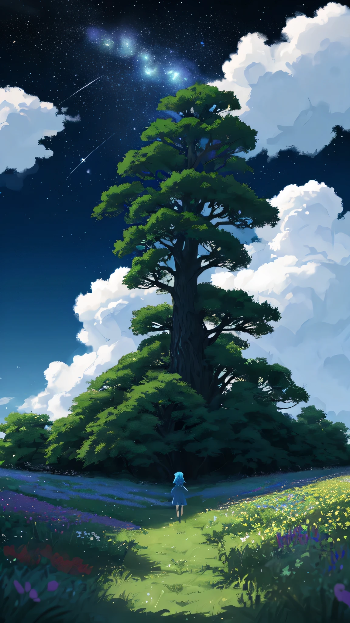 /imagine prompt: Viral anime nature wallpaper in 4K quality, in the style of Pixar 3D inspired by Toy Story, showcasing a lush meadow filled with colorful wildflowers, a clear blue sky with fluffy clouds, and a single majestic tree standing in the middle; bright and cheerful color temperature, cosmos lighting with stars twinkling in the sky, no human characters, the atmosphere is whimsical and joyful --v 5 --stylize 1000