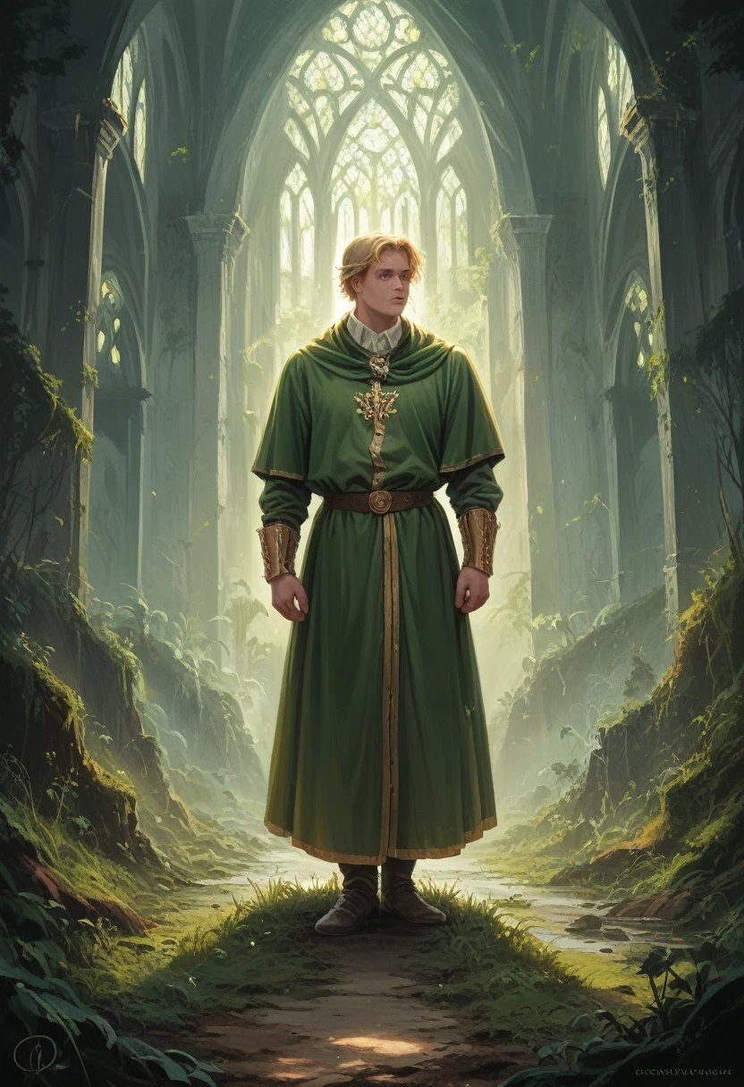 a prince with golden blonde hair, wearing a moss green medieval military outfit, looking forward with piercing emerald green gaze, full body, art by Greg Rutkowski, hyper realistic, cinematic lighting, highly detailed, award winning digital art, stunning, epic, dramatic, masterpiece, 8K, photorealistic, volumetric lighting, atmospheric, moody, dramatic, fantasy, concept art, digital painting, illustration