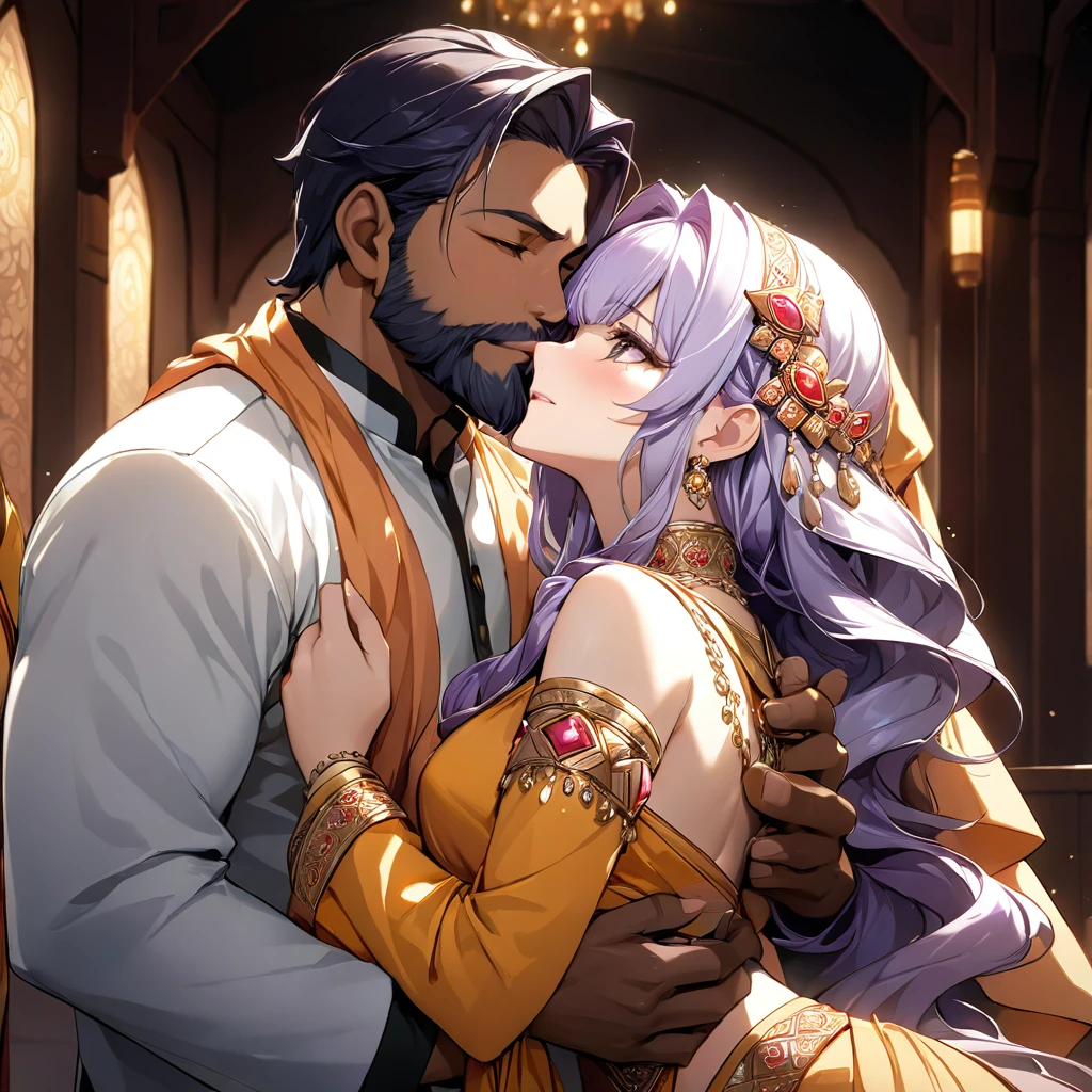 ((Highest quality)), ((masterpiece)), (detailed), （Perfect Face）、The woman has light purple hair in Extia Magica、The woman is wearing the traditional Indian dress, a sari.、The woman is embracing and kissing a middle-aged Indian man with a beard in their wedding ceremony.