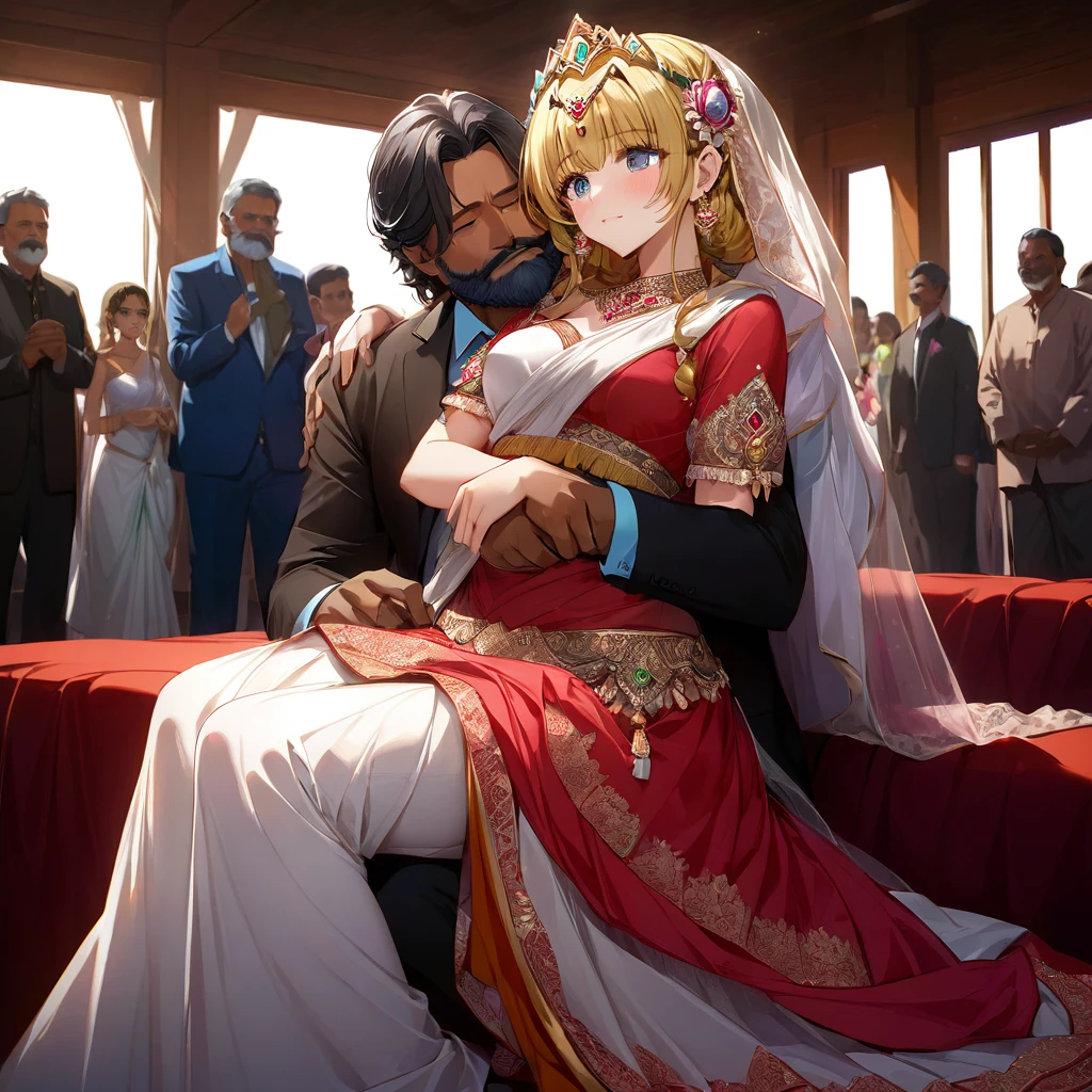 ((Highest quality)), ((masterpiece)), (detailed), （Perfect Face）、The woman is Extia Spica、The woman is wearing the traditional Indian dress, a sari.、The woman is embracing and kissing a middle-aged Indian man with a beard in their wedding ceremony.