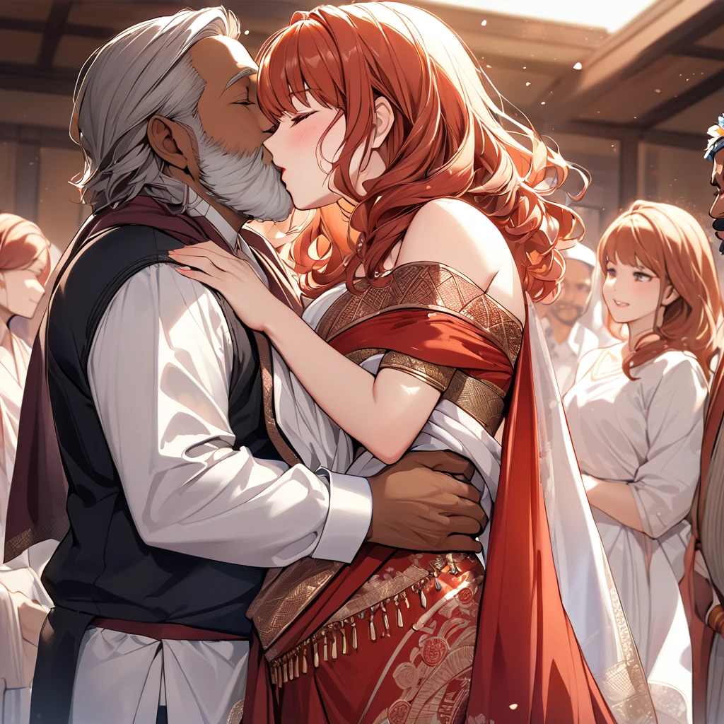 ((Highest quality)), ((masterpiece)), (detailed), （Perfect Face）The woman is a Celica with red hair.、The woman is wearing the traditional Indian dress, a sari.、The woman is embracing and kissing a middle-aged Indian man with a beard in their wedding ceremony.