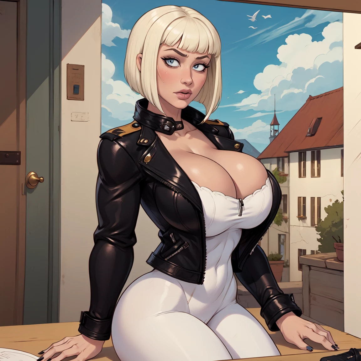 (european,caucasian,adult woman,milf,military),large breasts,short blonde hair with bangs,black leather jacket,((white nails polish))