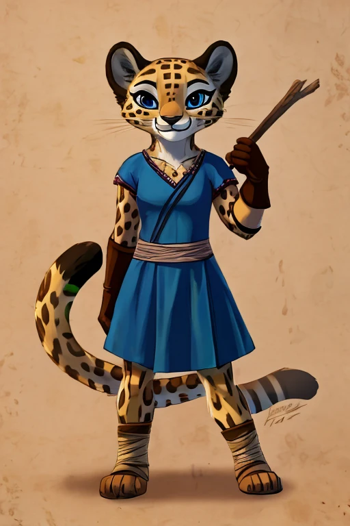 Lian, , young,anthro, solo, female, cute african dress,gloves,brown gloves,blue eyes,sleeves,furry female, cheetah, animal nose, animal ears, whiskers,ankle bandages, tail, smile, blank background