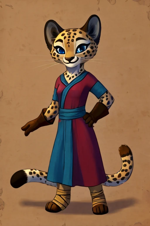 Lian, , young,anthro, solo, female, cute african dress,gloves,brown gloves,blue eyes,sleeves,furry female, cheetah, animal nose, animal ears, whiskers,ankle bandages, tail, smile, blank background