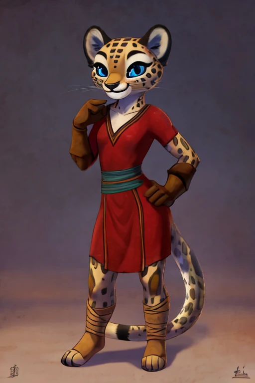 Lian, small, young,anthro, solo, female, cute african dress,gloves,brown gloves,blue eyes,sleeves,furry female, cheetah, animal nose, animal ears, whiskers,ankle bandages, tail, smile, blank background