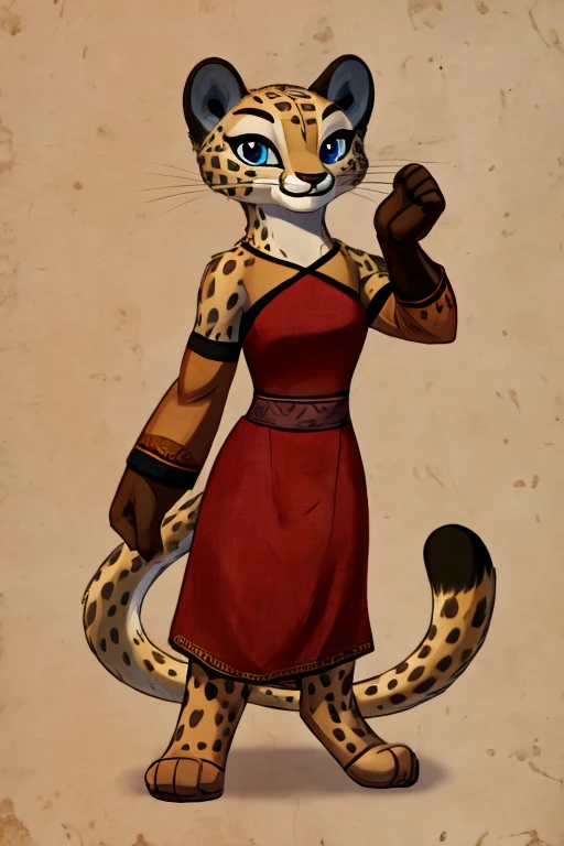 Lian, small, young,anthro, solo, female, cute african dress,gloves,brown gloves,blue eyes,sleeves,furry female, cheetah, animal nose, animal ears, whiskers,ankle bandages, tail, smile, blank background