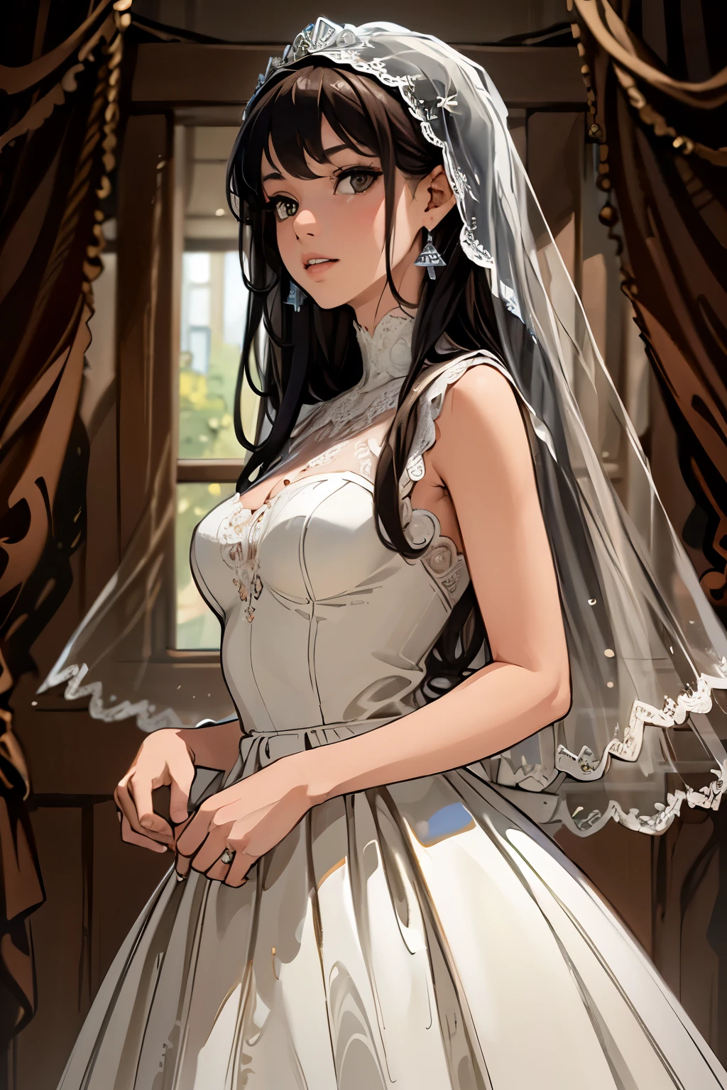 (Masterpiece), best quality, highest quality, highly detailed CG unity 8k wallpaper, original, high resolution, (depth of field: 1.5), fidelity: 1.3,  bride portrait style, 1 girl, curtains, veil , bridal veil, wedding dress, curtains, jewelry, solo, earrings, teeth, bride, black_hair