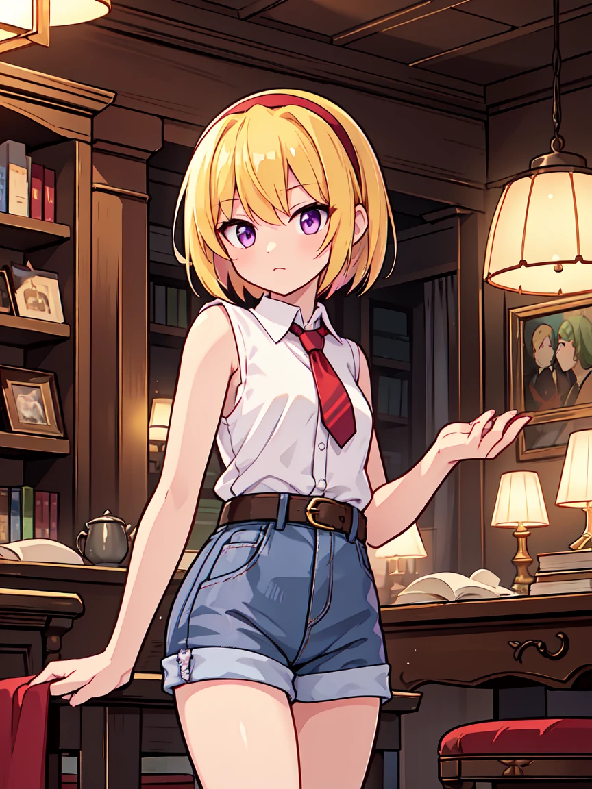 Quiet cafe at night, Candlelight, Old bookshelves, Deep red curtains, dark wood furniture, Antique coffee mill, Soothing jazz music, 1 female, alone, Yellow Hair, blonde, Purple eyes, short hair, hair band, Flat Chest, , Collared shirt,Sleeveless shirt,Pink Shirt, White Belt, Denim shorts, 