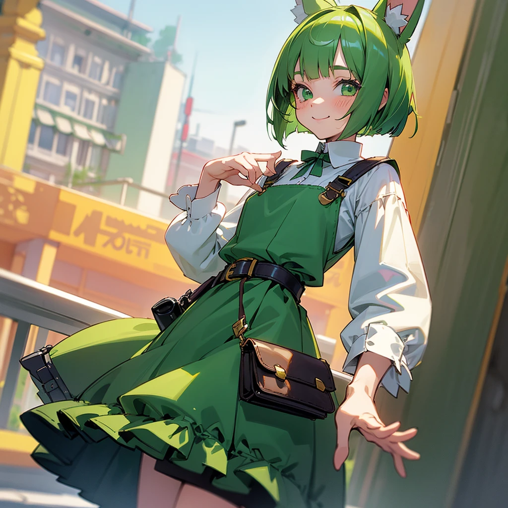 Green rabbit ears, green animal ears, a girl, bob cut, green hair, green eyes, alone, short,  (****ta), (childhood), smile, overall, belt, waist bag, waist pouch, kawaii, cute,face, 1900 age, City