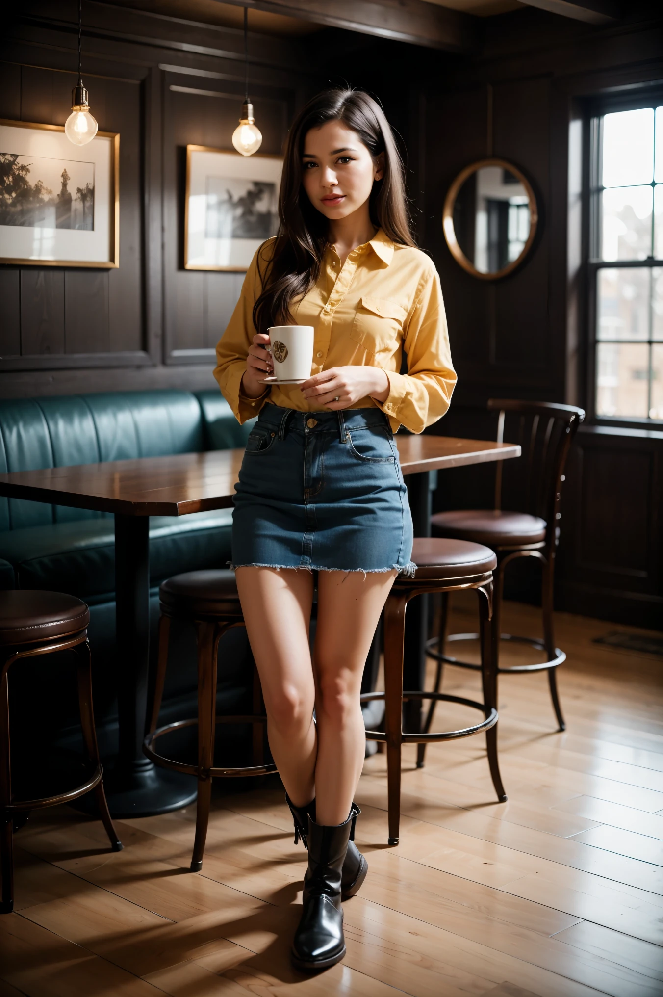 a woman wearing yellow mini skirt with a button-up shirt and ankle boots, coffee shop with cozy interiors with rustic furniture, classy, best quality, high resolution, ultra detailed, 