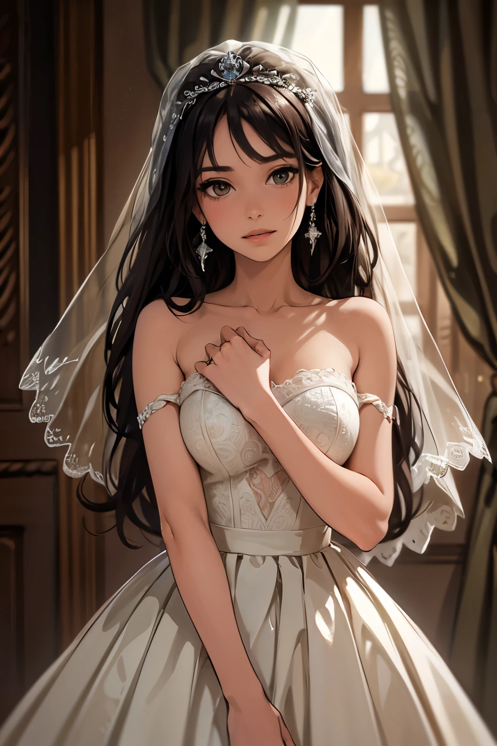 (Masterpiece), best quality, highest quality, highly detailed CG unity 8k wallpaper, original, high resolution, (depth of field: 1.5), fidelity: 1.3,  bride portrait style, 1 girl, curtains, veil , bridal veil, wedding dress, curtains, jewelry, solo, earrings, teeth, bride, black_hair