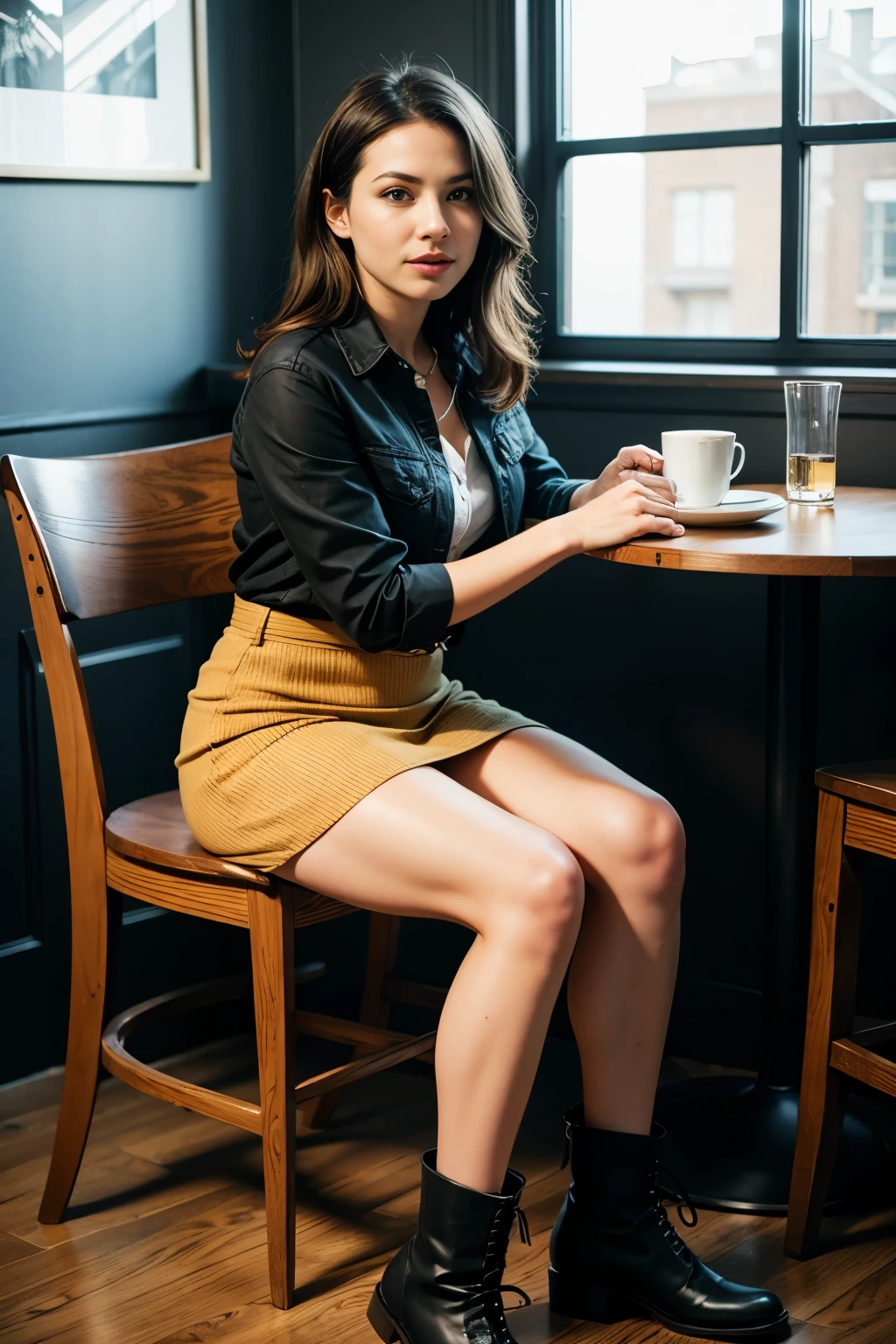 a woman wearing yellow mini skirt with a button-up shirt and ankle boots, coffee shop with cozy interiors with rustic furniture, classy, best quality, high resolution, ultra detailed, 