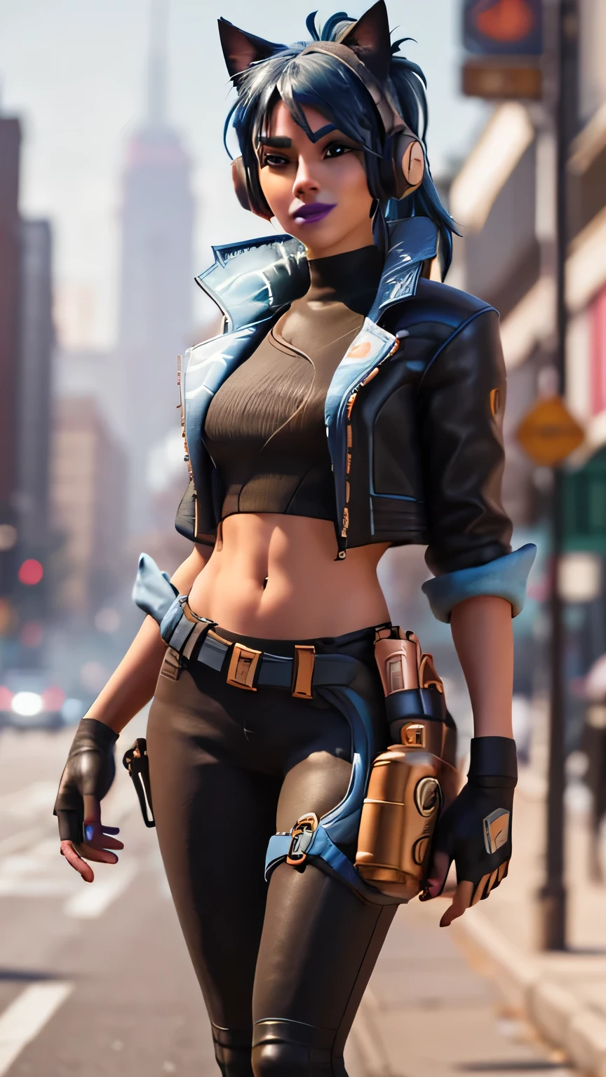 City detailed background, City detailed scenario, 1girl, solo, HeroicHopeFN, Heroic Hope from fortnite, (crop top, black top, open clothes), (jacket crop top, black jacket, blue loose, jacket loose), fingerless gloves, black pants, blue belt, blue hair, ponytail, blue eyes, headphones, cat ears headphones, holster, holster spray cans, purple lips, lipsticks, smirk, looking at viewer,