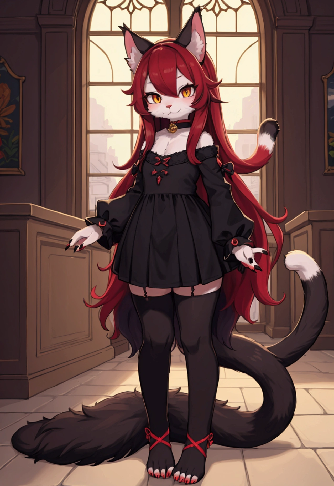 A full-body illustration of a young girl with cat ears and a long, bushy cat tail, featuring reddish-black fur. She has a large, vibrant afro styled in red hair, complemented by black fingernails and black toenails. The girl is dressed in a unique habit suitable for church, showcasing intricate details. The artwork should present multiple views to highlight her playful demeanor and the texture of her fur skin, capturing both her feline traits and youthful charm